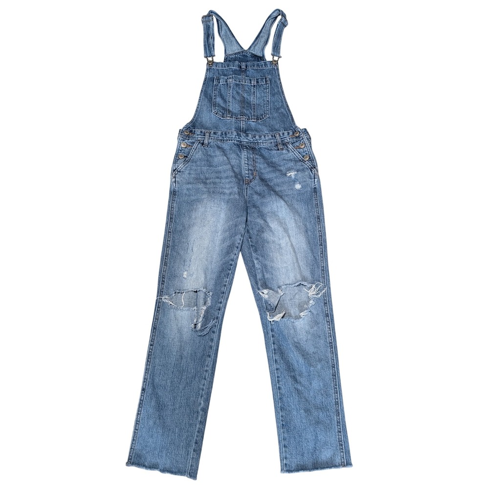 Aeropostale Overalls Women XS Blue Denim Distressed Straight Leg Raw Hem Y2K